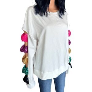 Fantastic Fawn Sparkly Colorful Bow Sleeve White Crewneck Sweatshirt Size Large